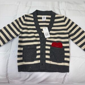 GAP Kids Gray and Cream Striped Cardigan with Red Heart